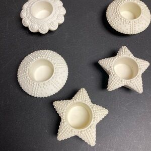 5 Partylite White bisque porcelain Sea Urchin & Star Tealight Holders nautical